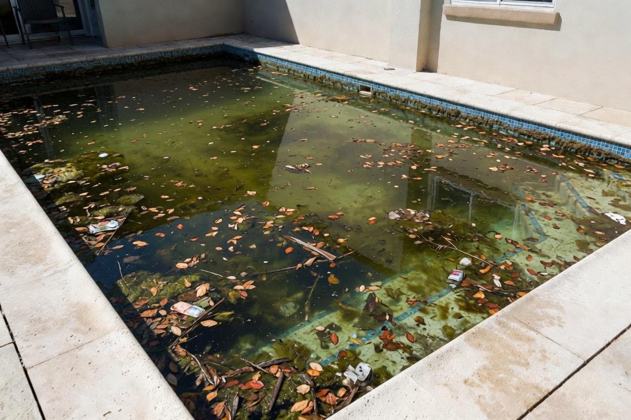 Before pool cleaning Cape Town - dirty neglected green pool