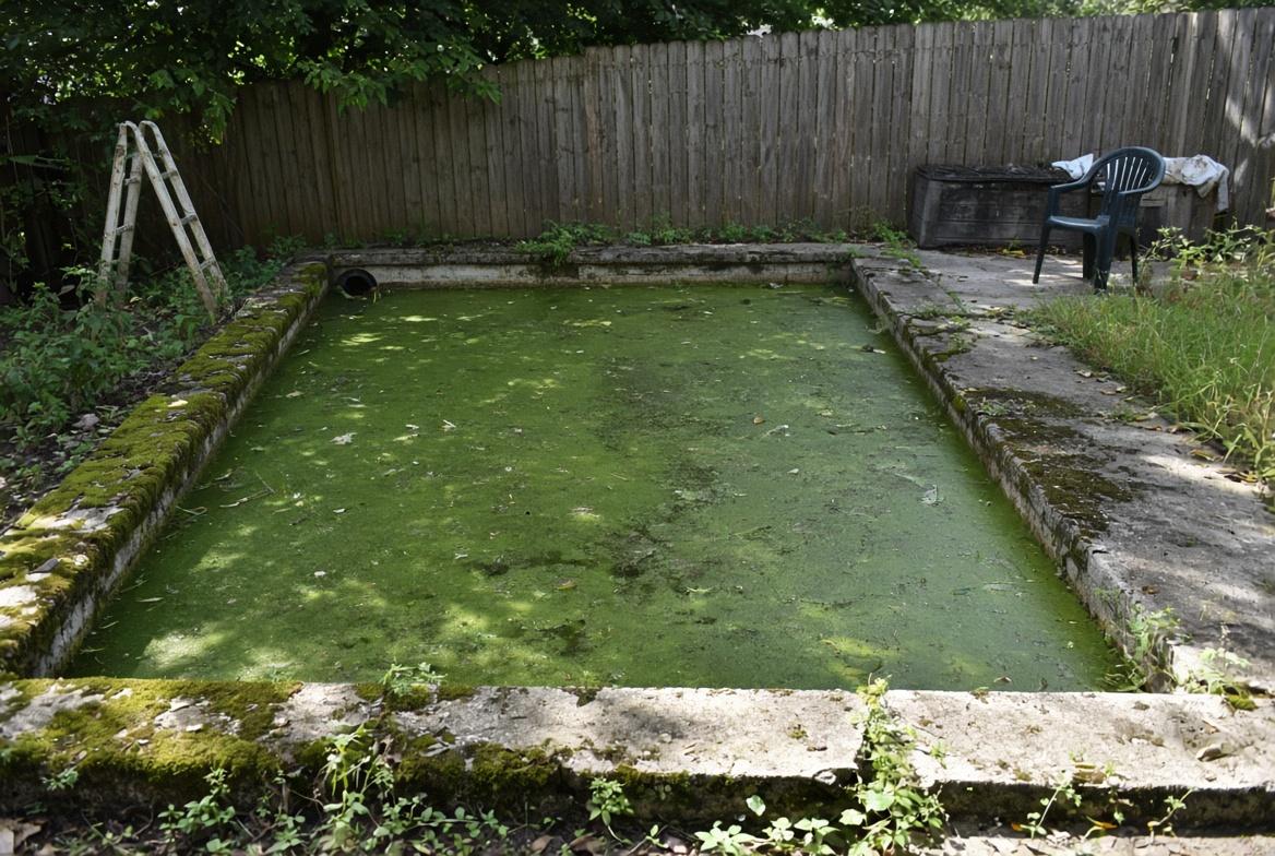 Before pool renovation Cape Town – neglected algae-filled green swimming pool
